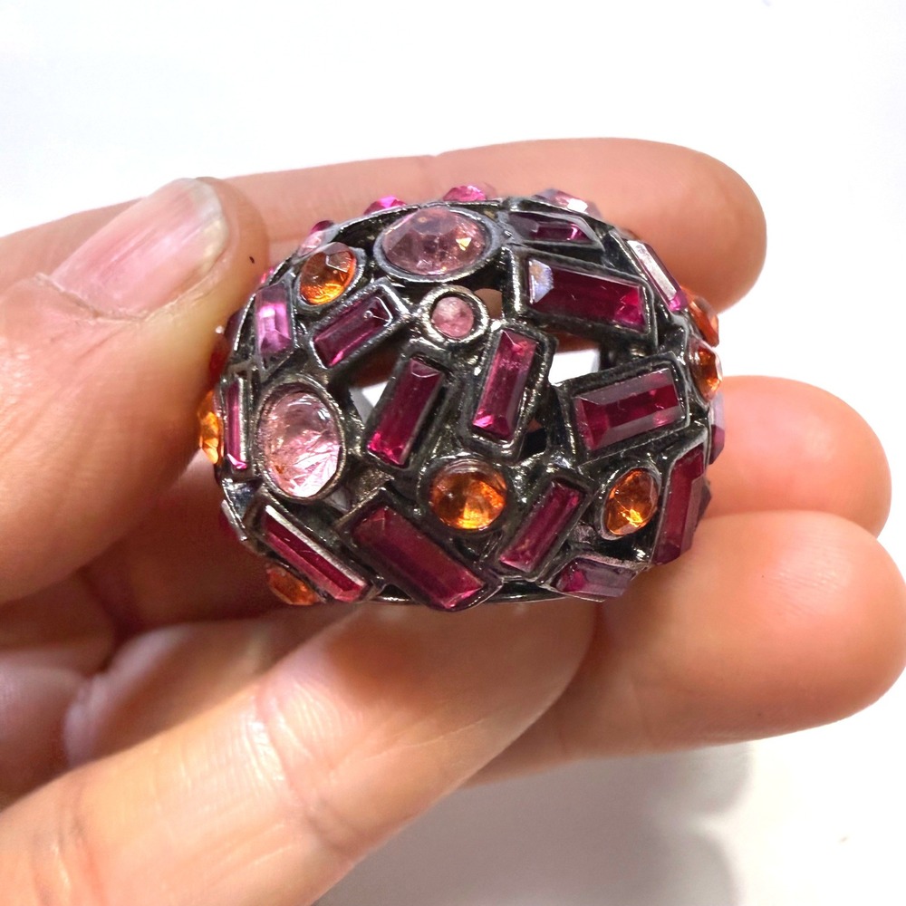 Pink Orange Crystal‎ Dome Statement Ring Gunmetal Tone Cocktail Ring Size 8.5